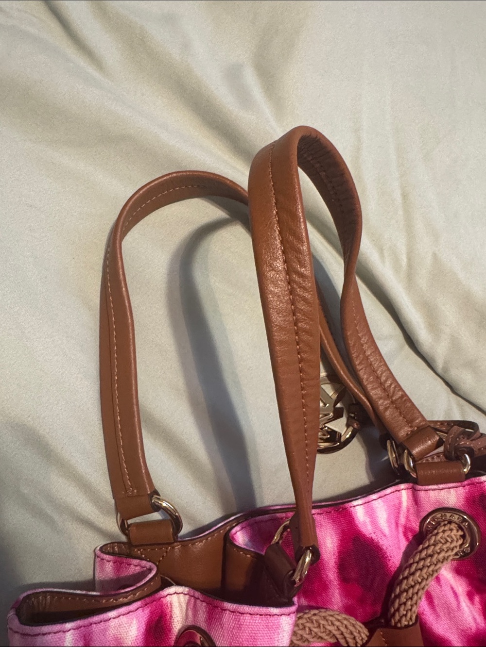 Michael Kors Hot Pink Tie-Dye Canvas Tote with Brown Leather Accents - Picture 3 of 4